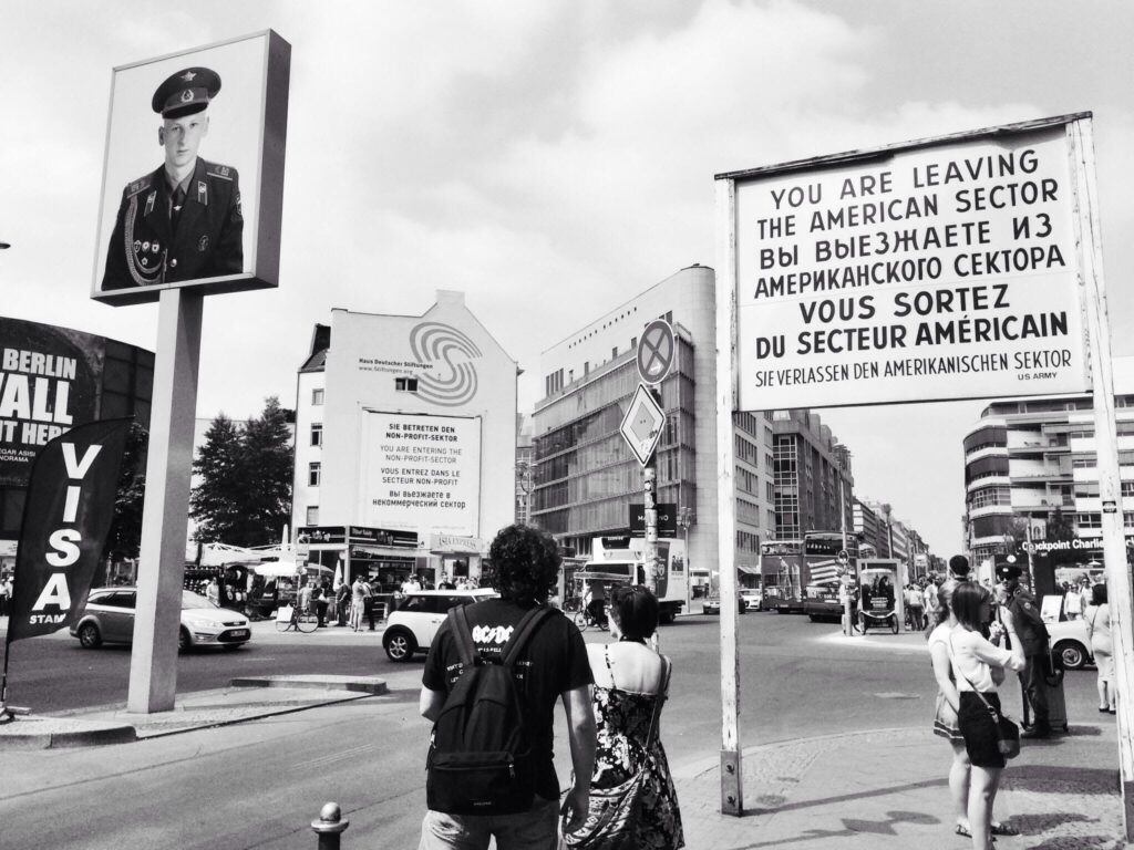 Historic You Are Leaving the American Sector sign at Checkpoint Charlie in Berlin.
