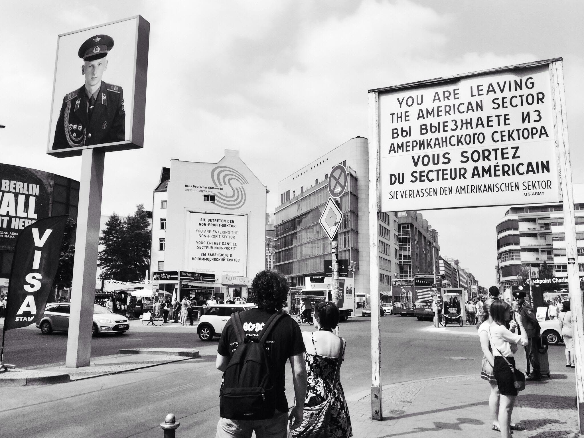 Historic You Are Leaving the American Sector sign at Checkpoint Charlie in Berlin.