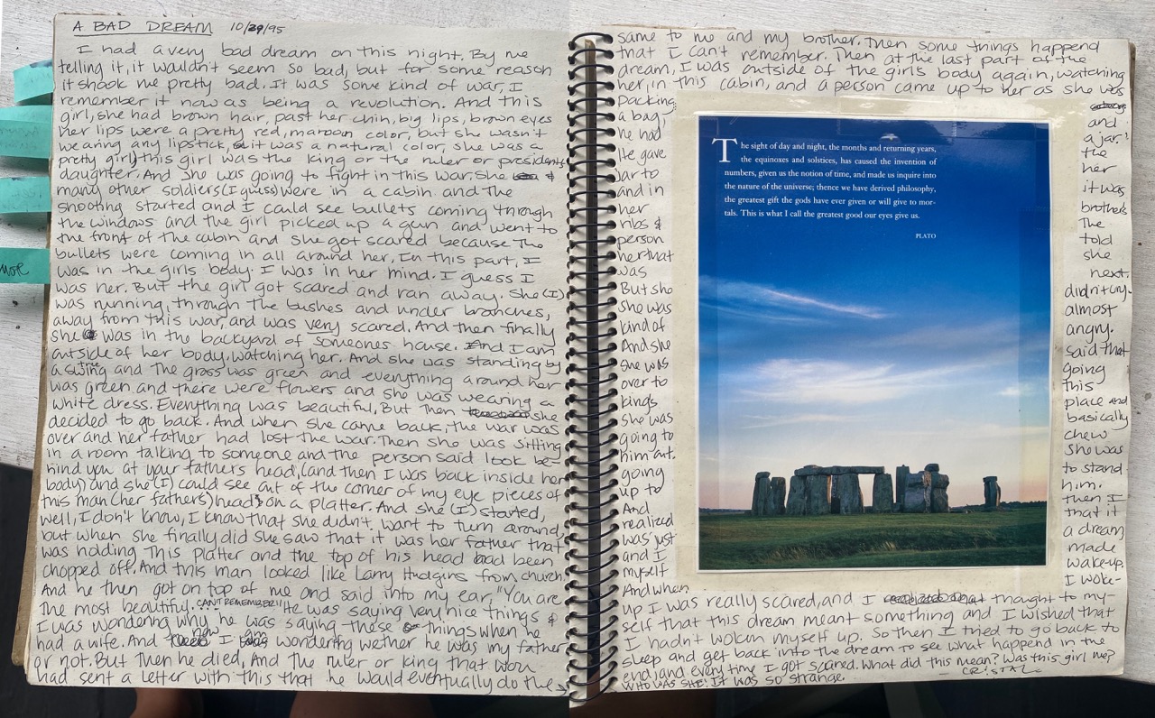 Photo of a journal entry by Crystal Stafford from 1995.